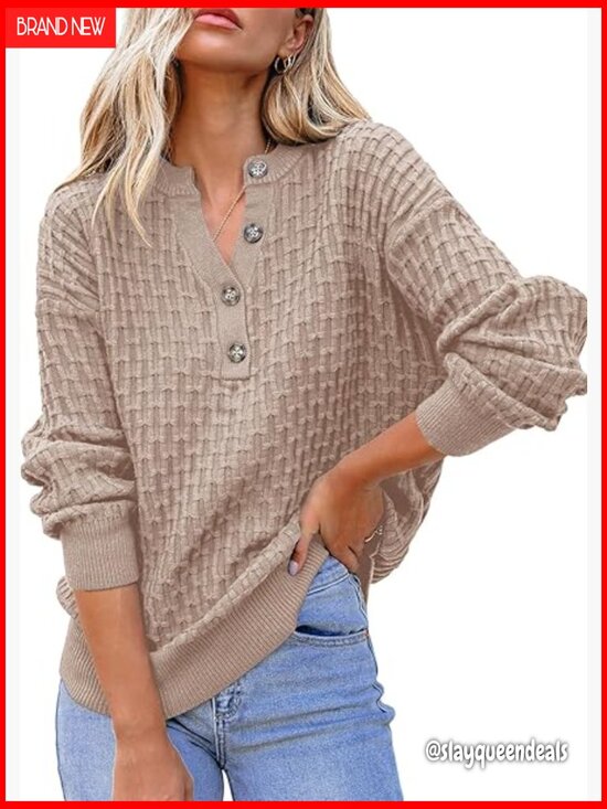 Sweaters - Long Sleeve V-Neck Button Sweater Loose Fit Textured Knit Fall Pullover Top